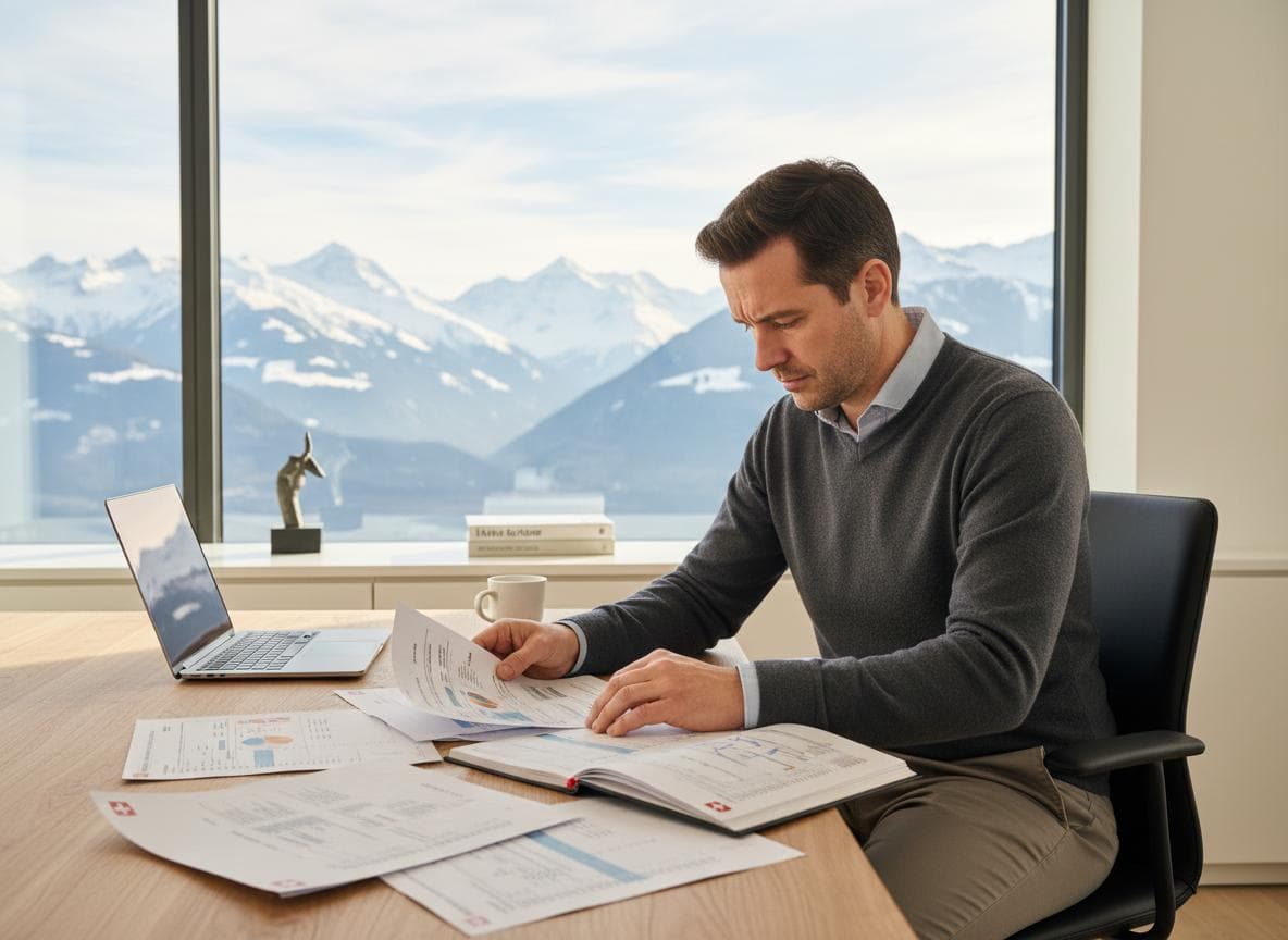 Swiss professional reviewing financial documents