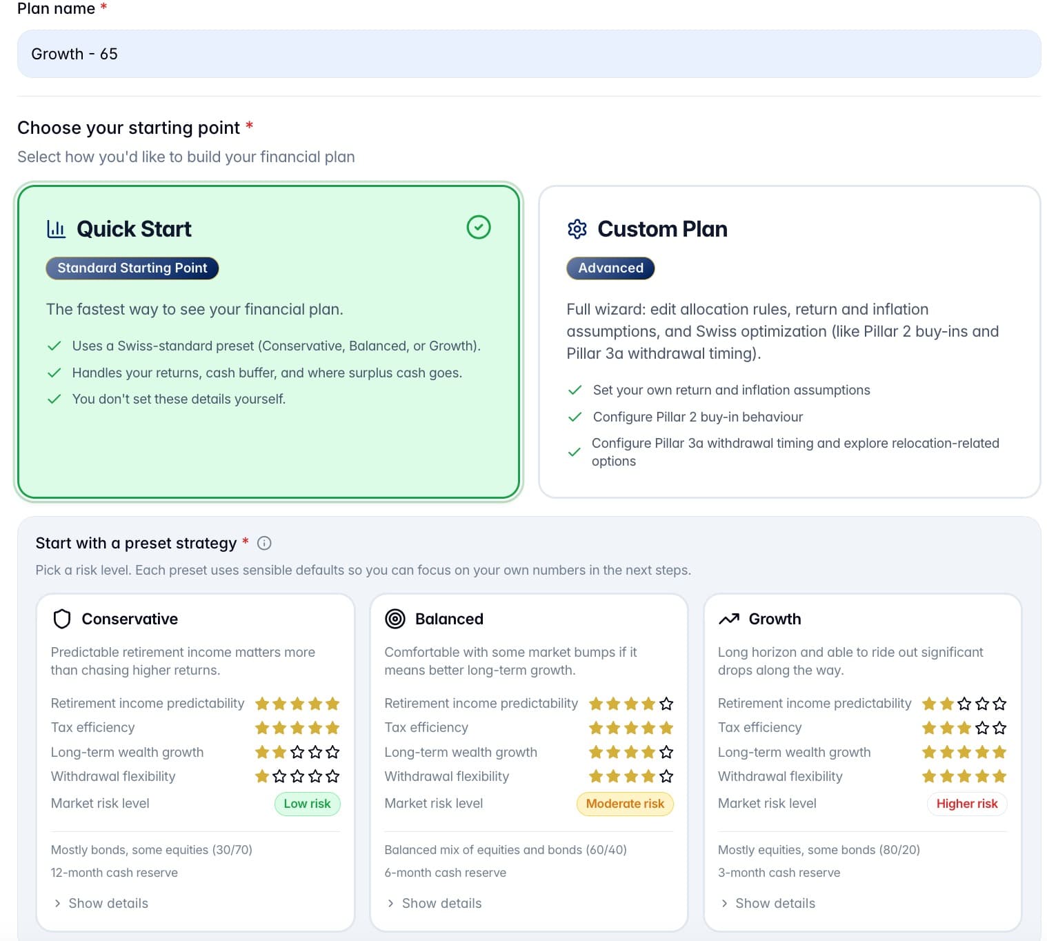 SORVA Create Plan wizard with Quick and Custom modes and Conservative, Balanced and Growth presets