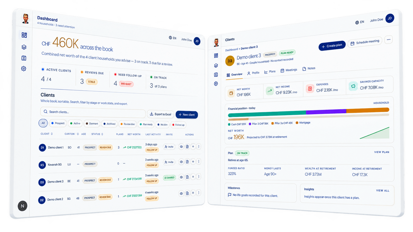SORVA Advisor Dashboard and client detail screens