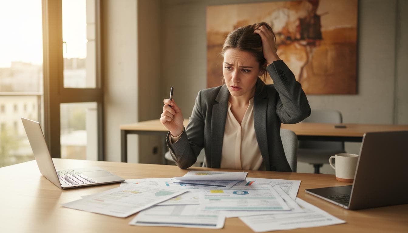 Employee looking overwhelmed by financial paperwork