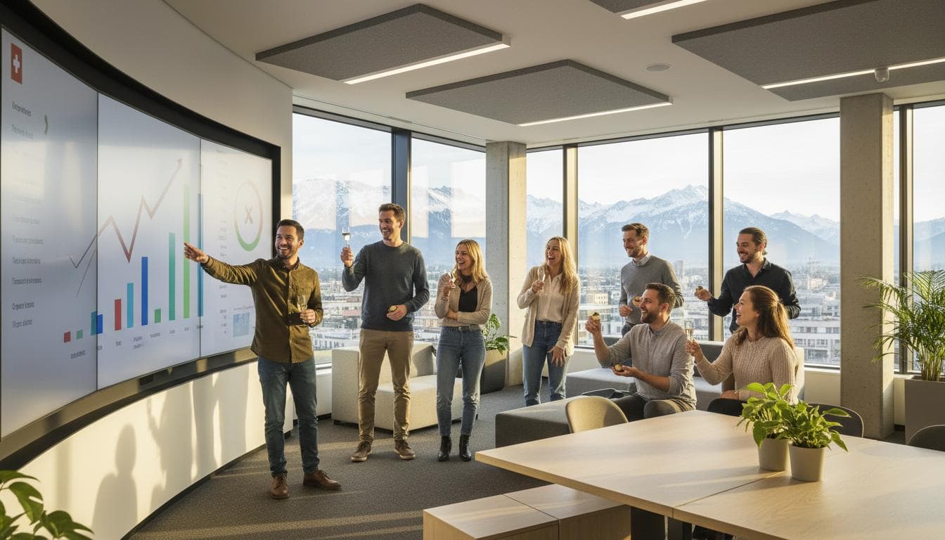 A team collaborating in a modern Swiss office