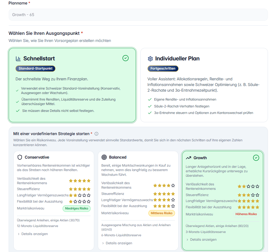 SORVA Planerstellung mit Quick- und Custom-Modus und den Presets Konservativ, Ausgewogen und Wachstum