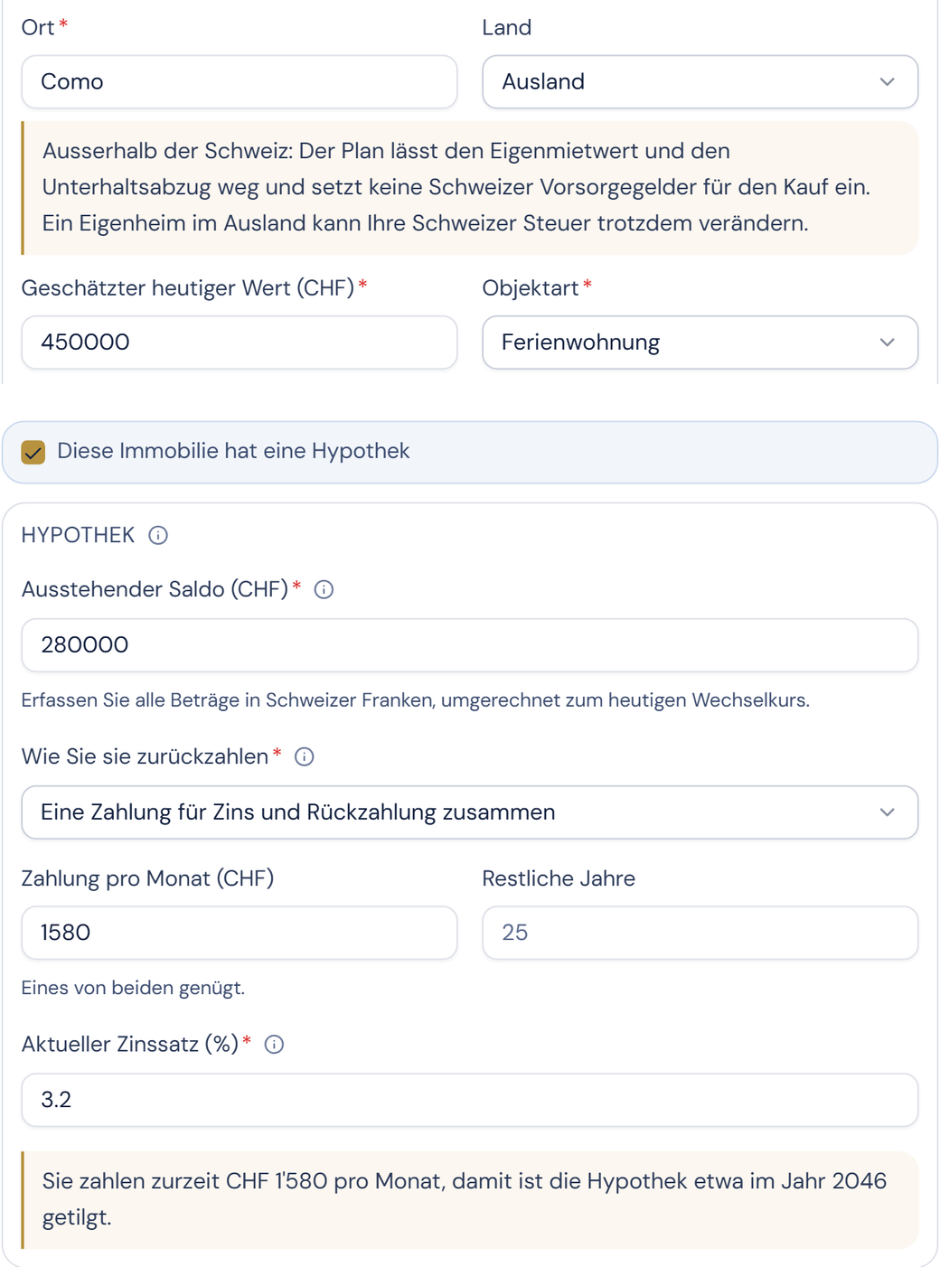 Die Karte für das Darlehen auf ein Zuhause im Ausland: wie das Darlehen zurückgezahlt wird, die Zahlung oder die restlichen Jahre und der heutige Zinssatz.