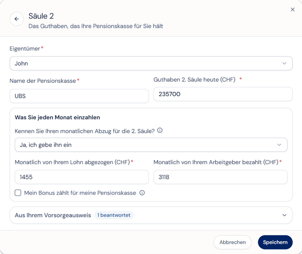 Die Ansicht der Pensionskasse: zuerst das Guthaben und der Abzug auf der Lohnabrechnung, die Angaben aus dem Vorsorgeausweis mit einem Tippen.