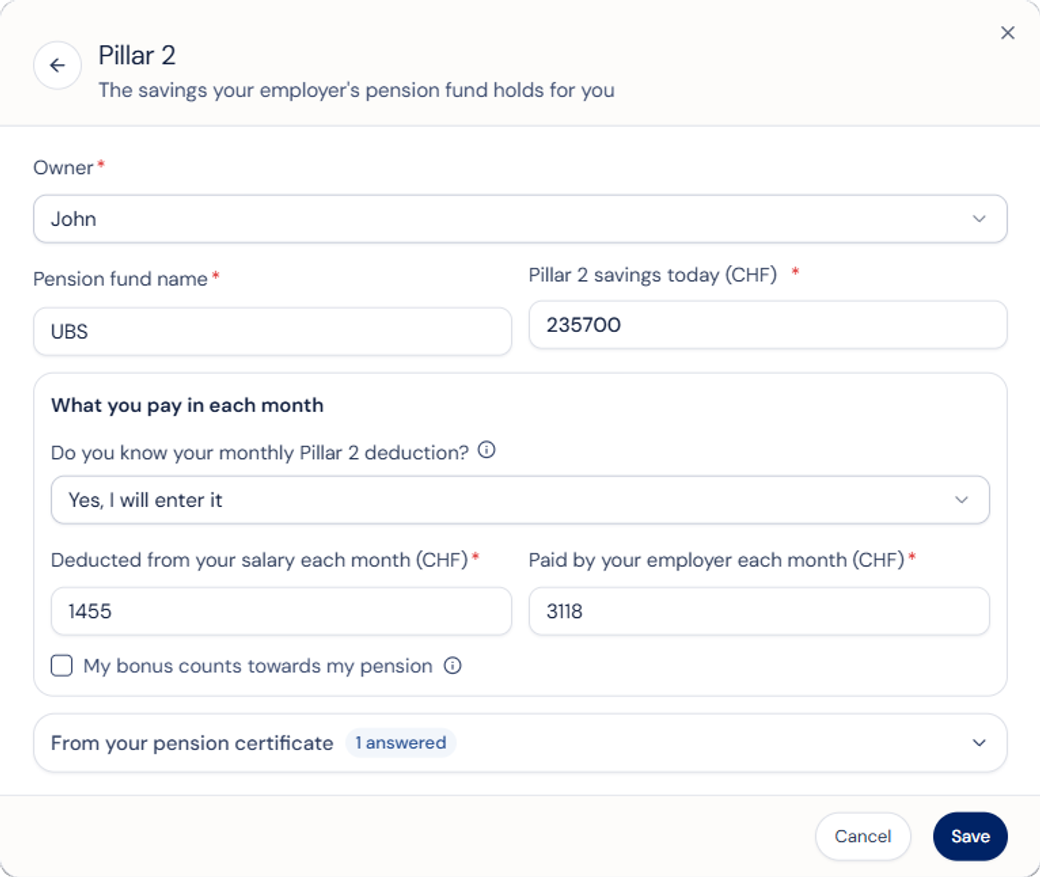 The pension fund screen: the balance and the payslip deduction first, the certificate details behind a tap.