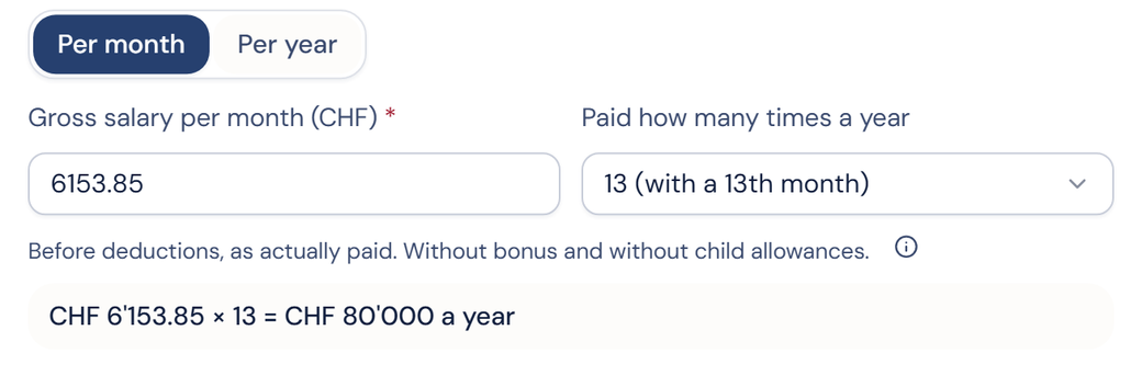 The salary window on "Per month": the gross monthly salary, the number of payments a year, and the yearly total.