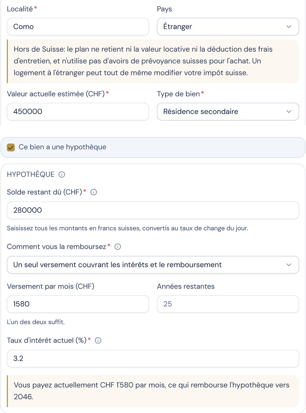 La fiche du prêt pour un logement à l'étranger : comment le prêt est remboursé, le versement ou les années restantes, et le taux d'aujourd'hui.