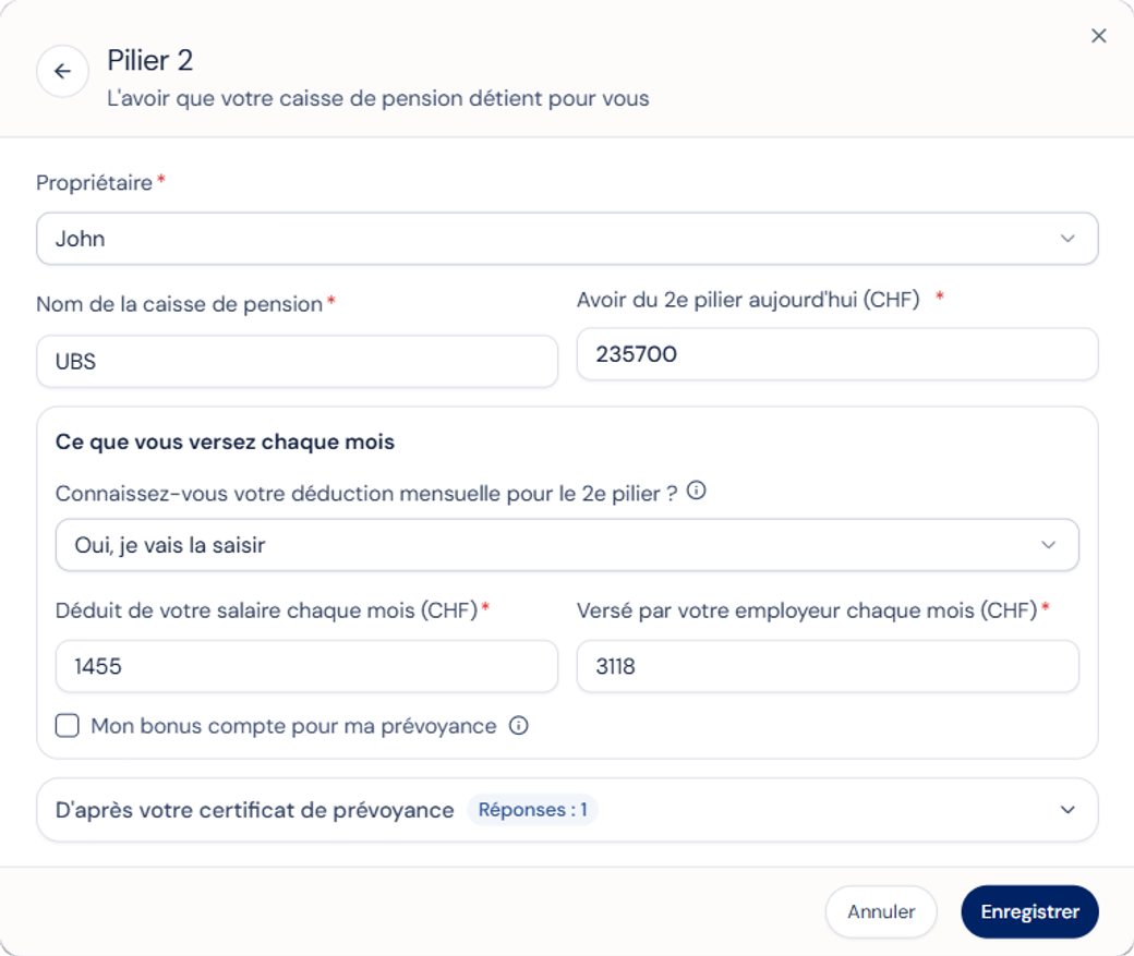 L'écran de la caisse de pension : d'abord l'avoir et la déduction sur la fiche de salaire, les détails du certificat d'un simple clic.