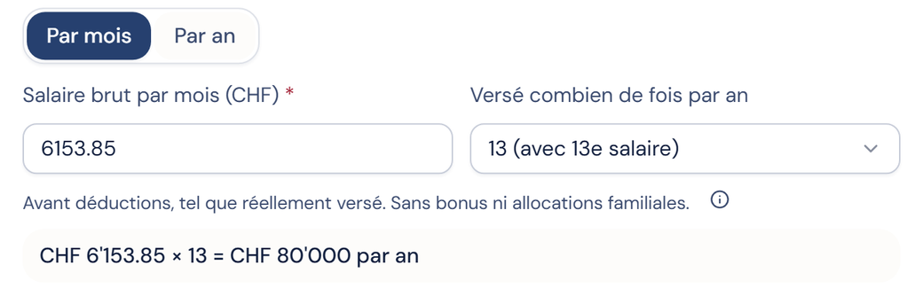 La fenêtre du salaire sur « Par mois » : le salaire brut mensuel, le nombre de versements par an et le total annuel.