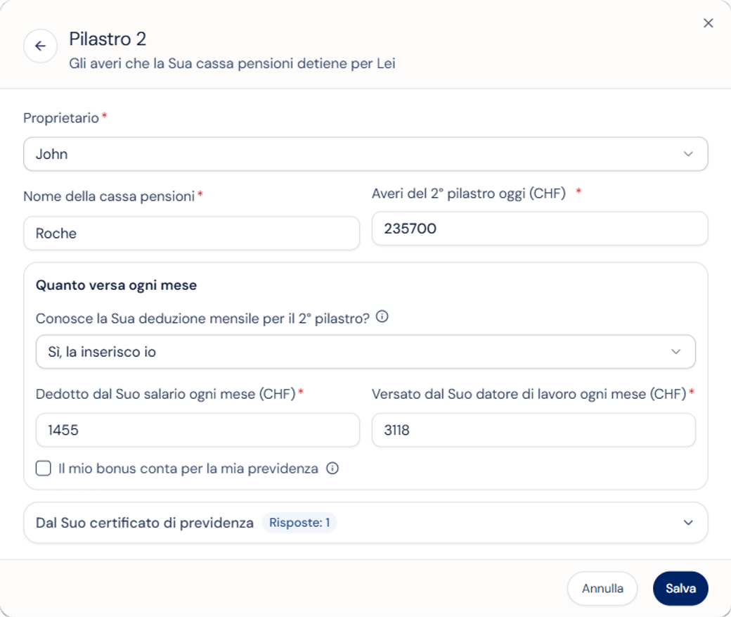 La schermata della cassa pensione: prima l'avere e la trattenuta in busta paga, i dettagli del certificato con un tocco.