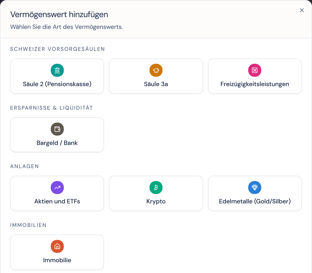 Das Fenster «Vermögenswert hinzufügen» im Profil, mit Krypto unter den Anlagen.