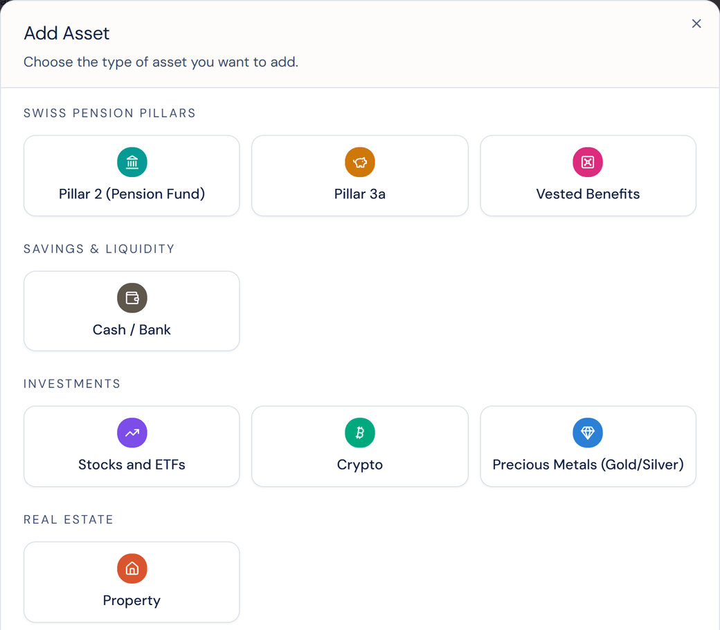 The Add Asset window in the Profile, with Crypto among the investments.