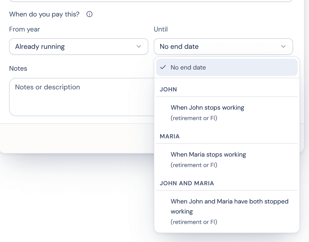 A Basic Living expense with its Until list open: no end date, when John or Maria stops working, or when both have stopped working.