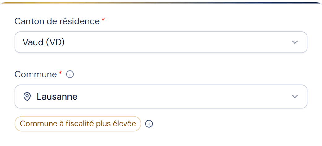 À propos de vous dans le profil : canton de Vaud (VD) et la commune de Lausanne, avec sa note fiscale.