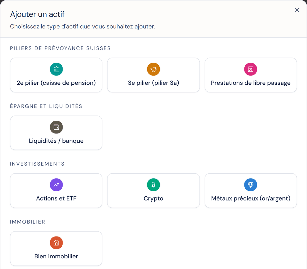La fenêtre « Ajouter un actif » du profil, avec Crypto parmi les investissements.