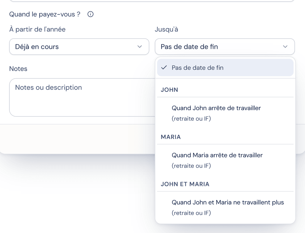 Des coûts de base avec la liste « Jusqu'à » ouverte : pas de date de fin, quand John ou Maria arrête de travailler, ou quand tous deux ne travaillent plus.