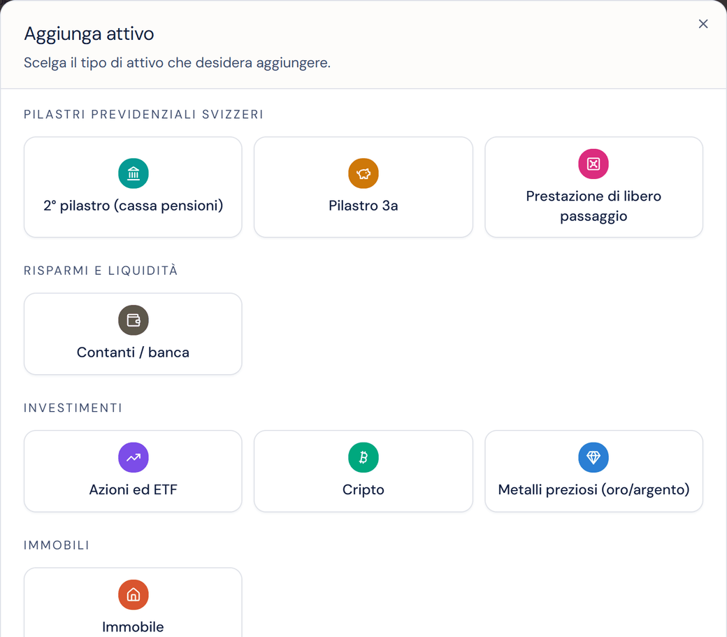 La finestra «Aggiunga attivo» nel profilo, con Cripto tra gli investimenti.